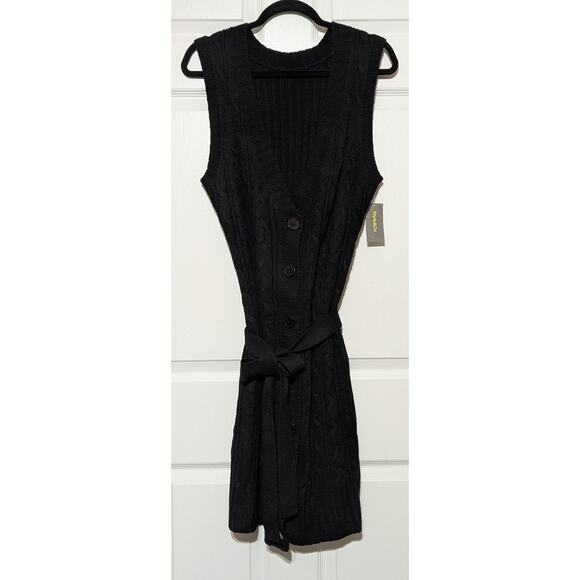 Style & Co Sweater Vest Midi Dress Womens Medium Black Cable Knit Button Belted - Picture 4 of 9